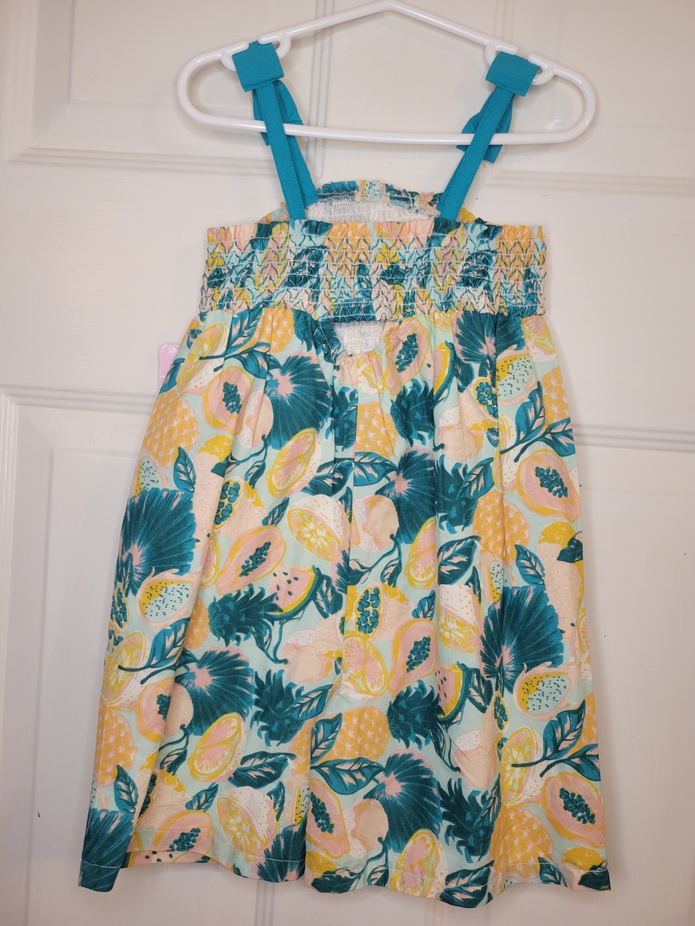Tommy Bahama Girls Tropical Fruit Smocked Romper in Teal, Yellow & Peach - Picture 8 of 9